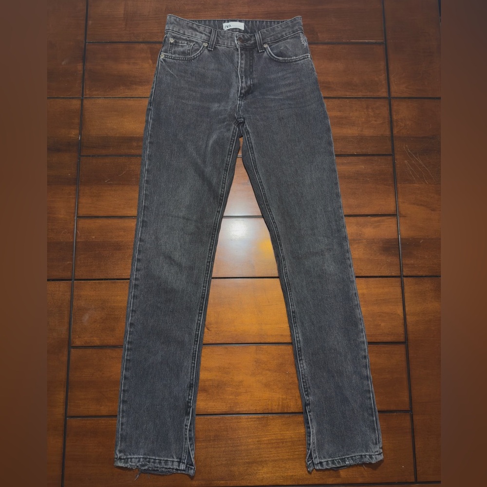 Zara Faded Black Denim Straight Leg Jeans with Ankle Slits
